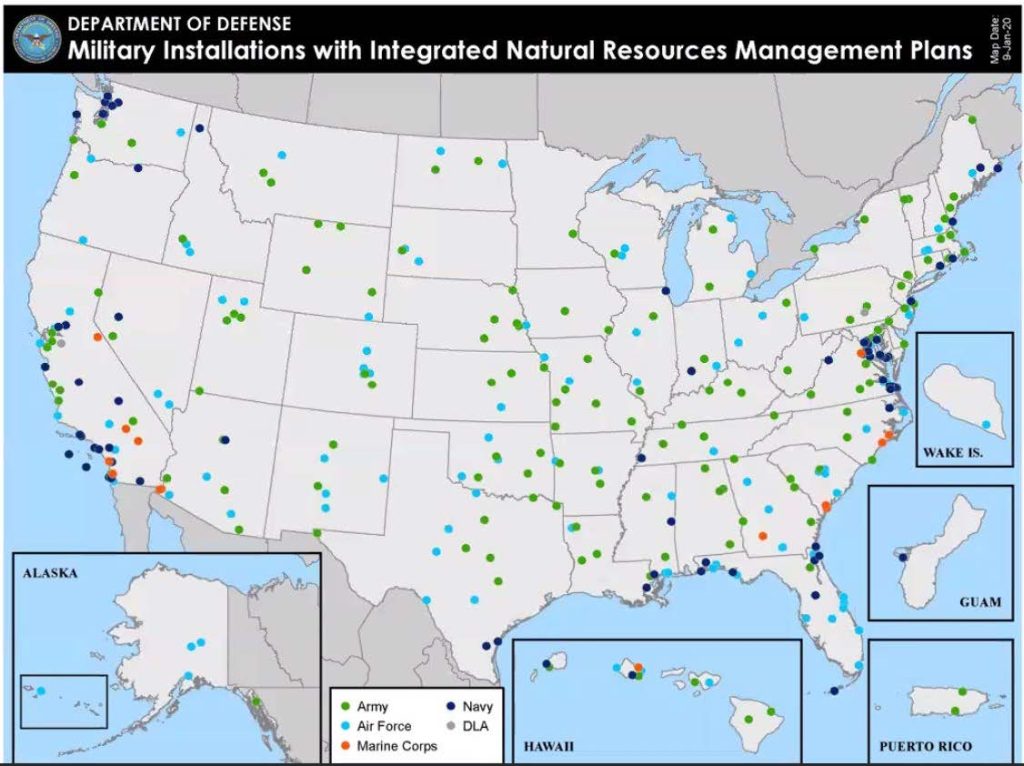 Figure 5.1. Locations of military installations with integrated natural resources management plans (INRMPS), by Military Service (Orndorff 2020).
