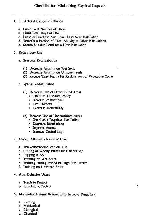 Figure 5.2. Checklist for minimizing physical impacts to an installation