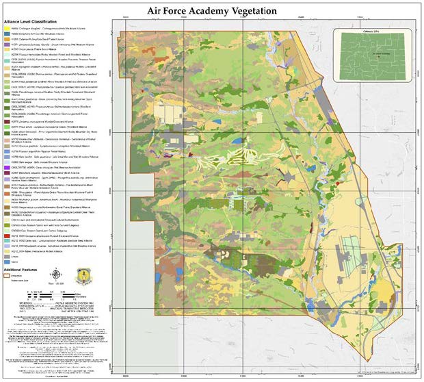 Figure 8.1. Vegetation and land-cover map for the U.S. Air Force Academy; concepts are at the Alliance and Association levels for natural and ruderal vegetation (map produced by AFCEC/CZCA).